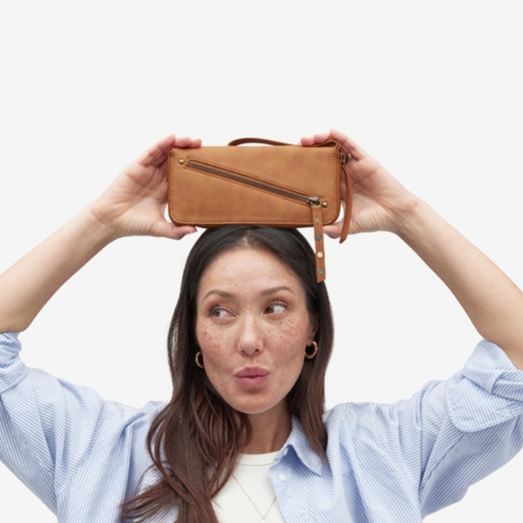 Free People Handbags - Free People Light Brown Distressed Vegan Leather Zipper Wristlet Wallet
